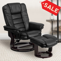 Flash Furniture Contemporary Black Leather Recliner and Ottoman with Swiveling Mahogany Wood Base BT-7818-BK-GG